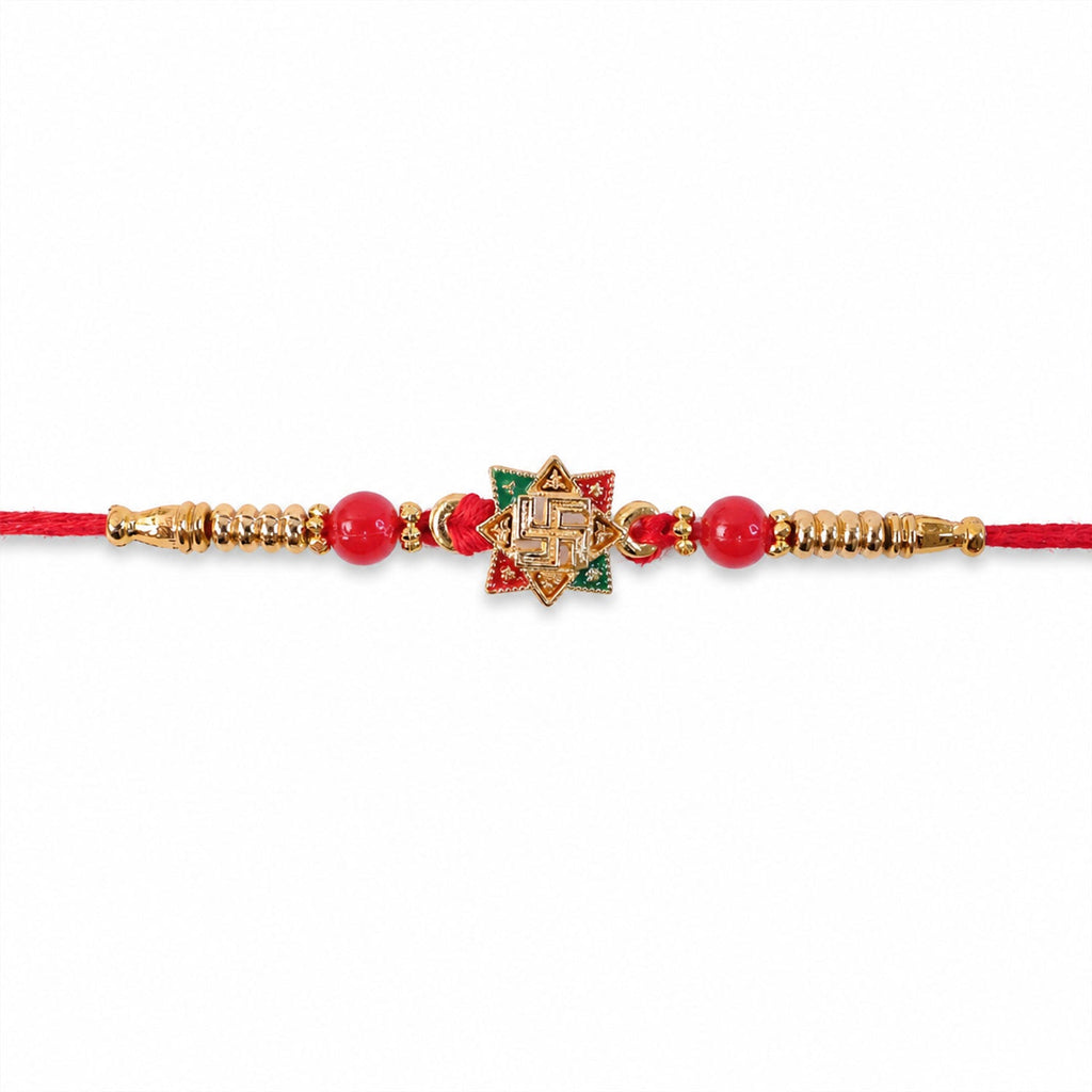 ALVENZA Golden Swastik Motif Rakhi with Enamel & Beadwork - Rakhi for Brother