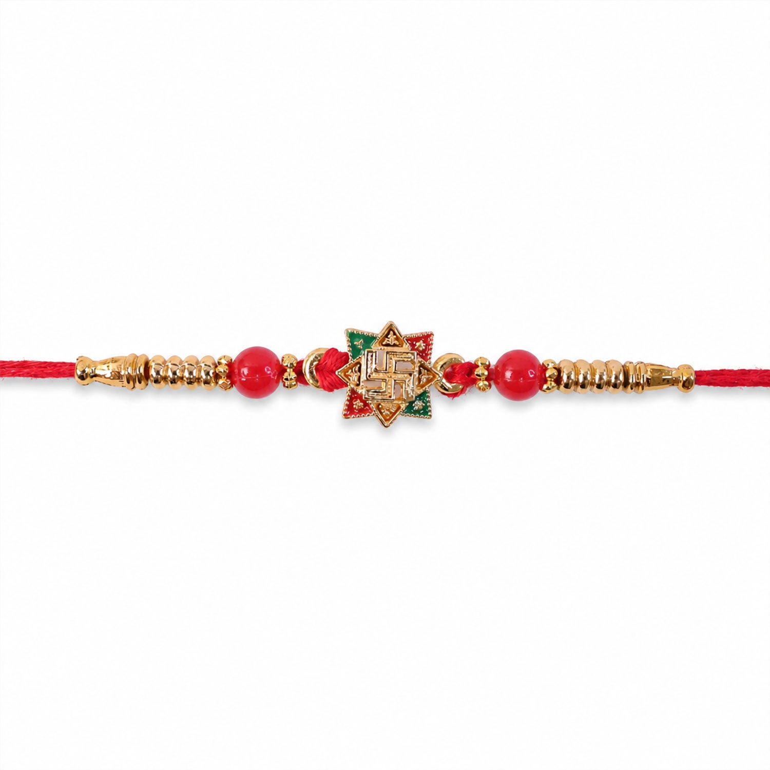ALVENZA Golden Swastik Motif Rakhi with Enamel & Beadwork - Rakhi for Brother