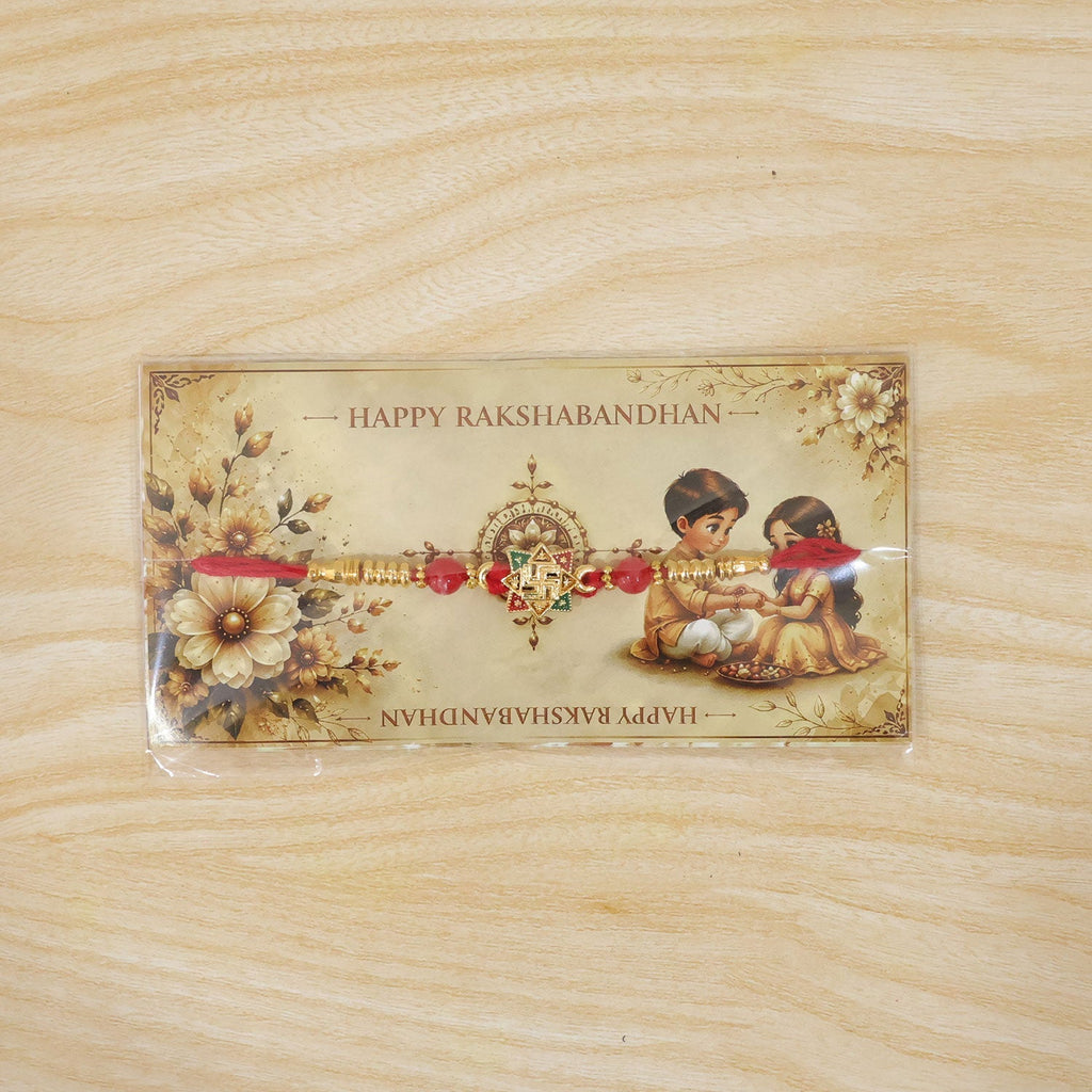 ALVENZA Golden Swastik Motif Rakhi with Enamel & Beadwork - Rakhi for Brother