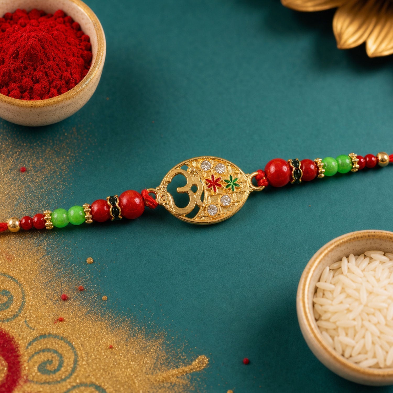 ALVENZA Om Symbol Round Beaded Traditional Designer Rakhi for Brother