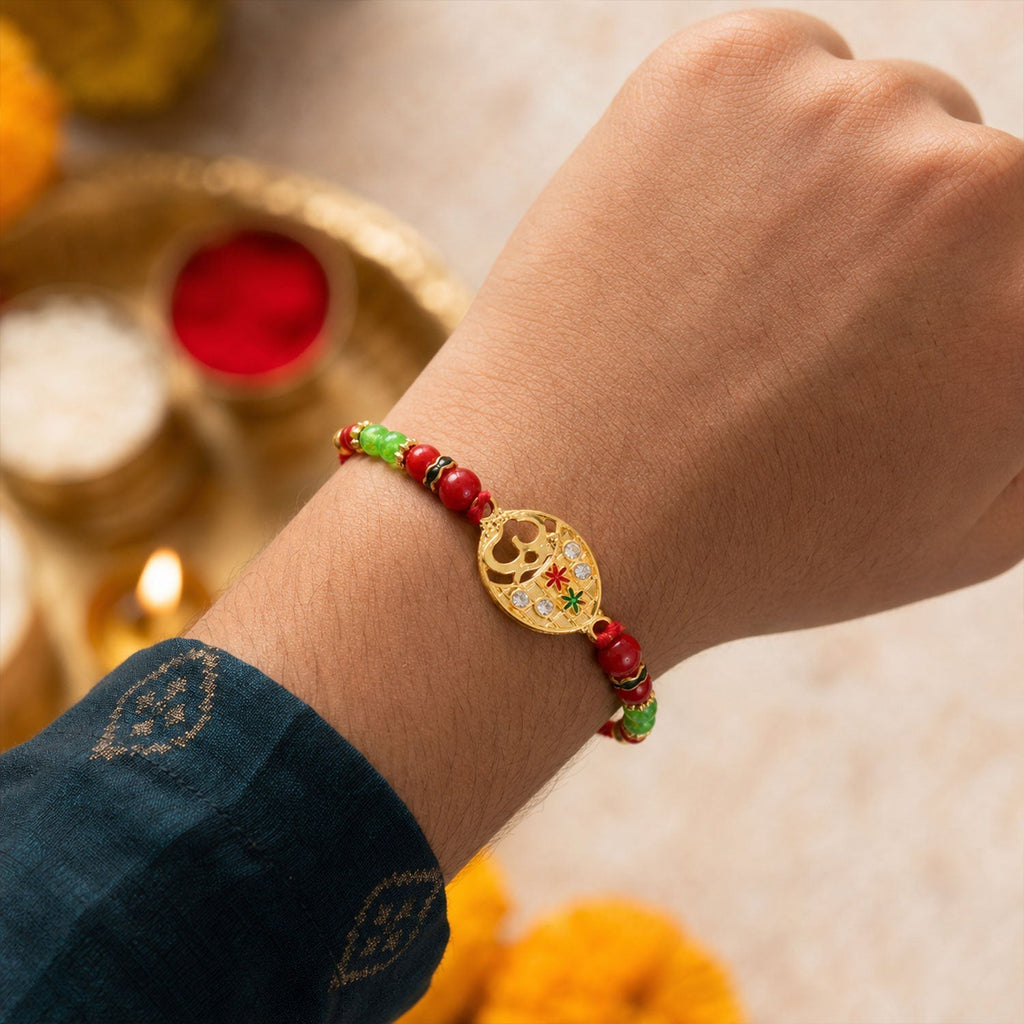 ALVENZA Om Symbol Round Beaded Traditional Designer Rakhi for Brother