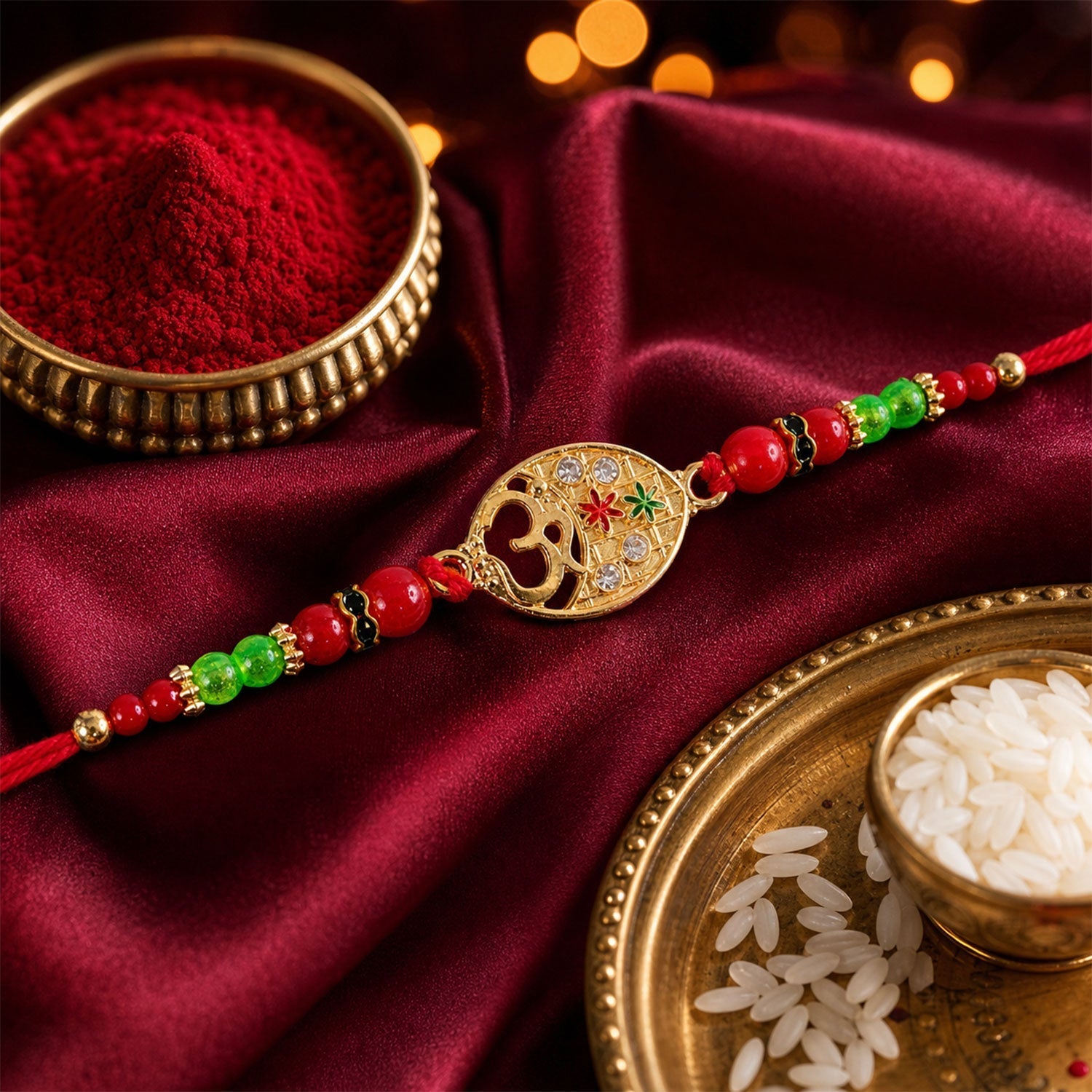 ALVENZA Om Symbol Round Beaded Traditional Designer Rakhi for Brother