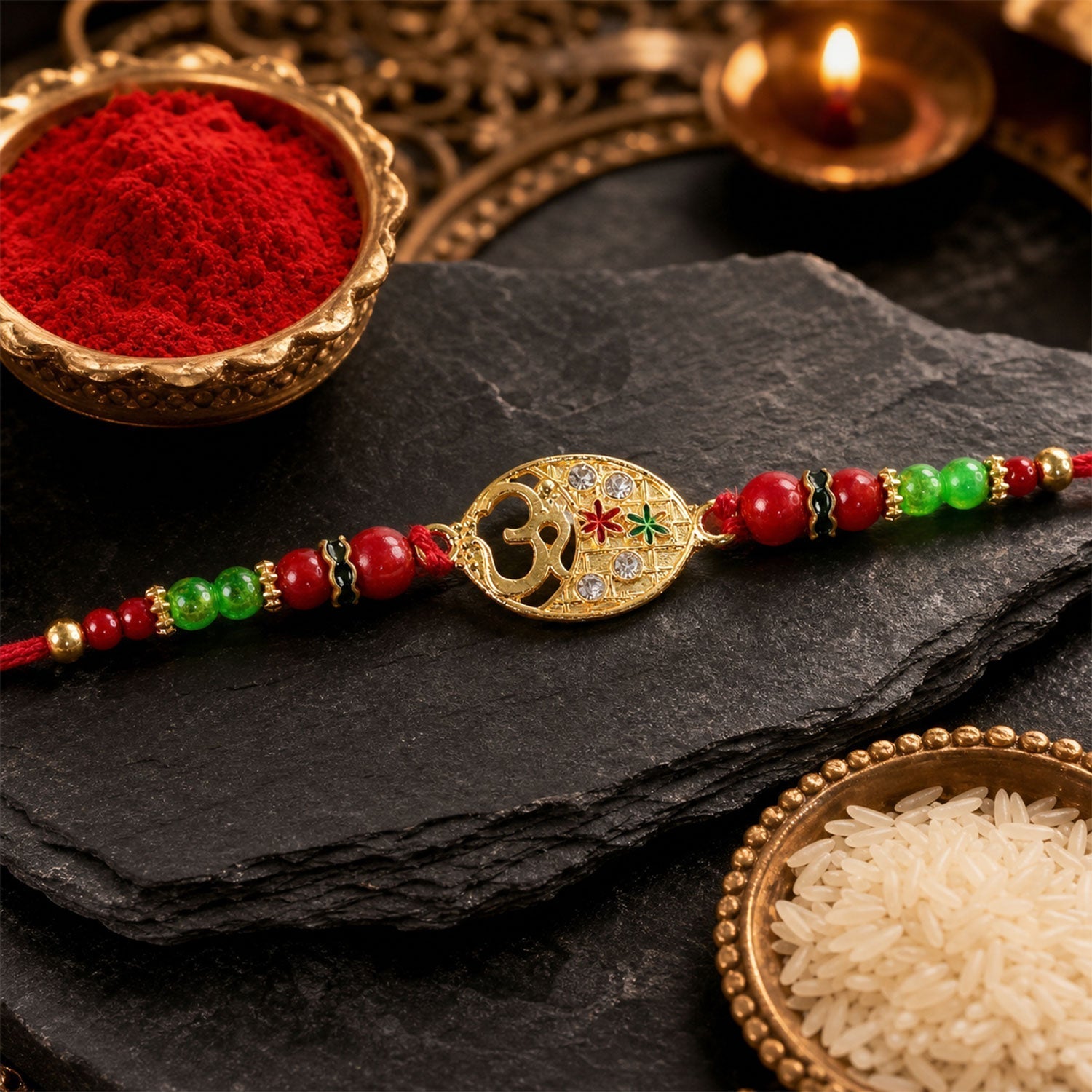 ALVENZA Om Symbol Round Beaded Traditional Designer Rakhi for Brother