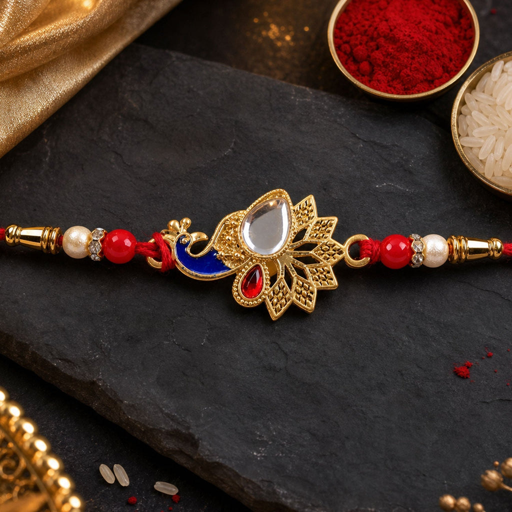ALVENZA Peacock Feather Stone Studded Premium Designer Rakhi for Brother