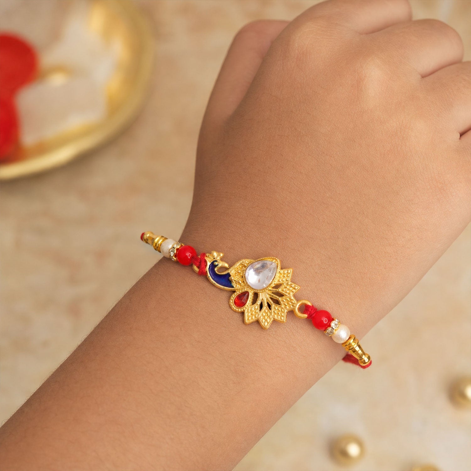ALVENZA Peacock Feather Stone Studded Premium Designer Rakhi for Brother