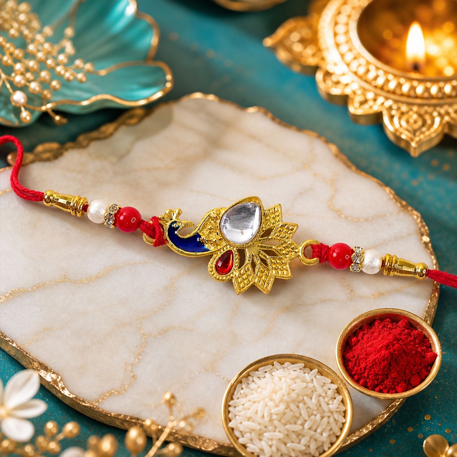 ALVENZA Peacock Feather Stone Studded Premium Designer Rakhi for Brother