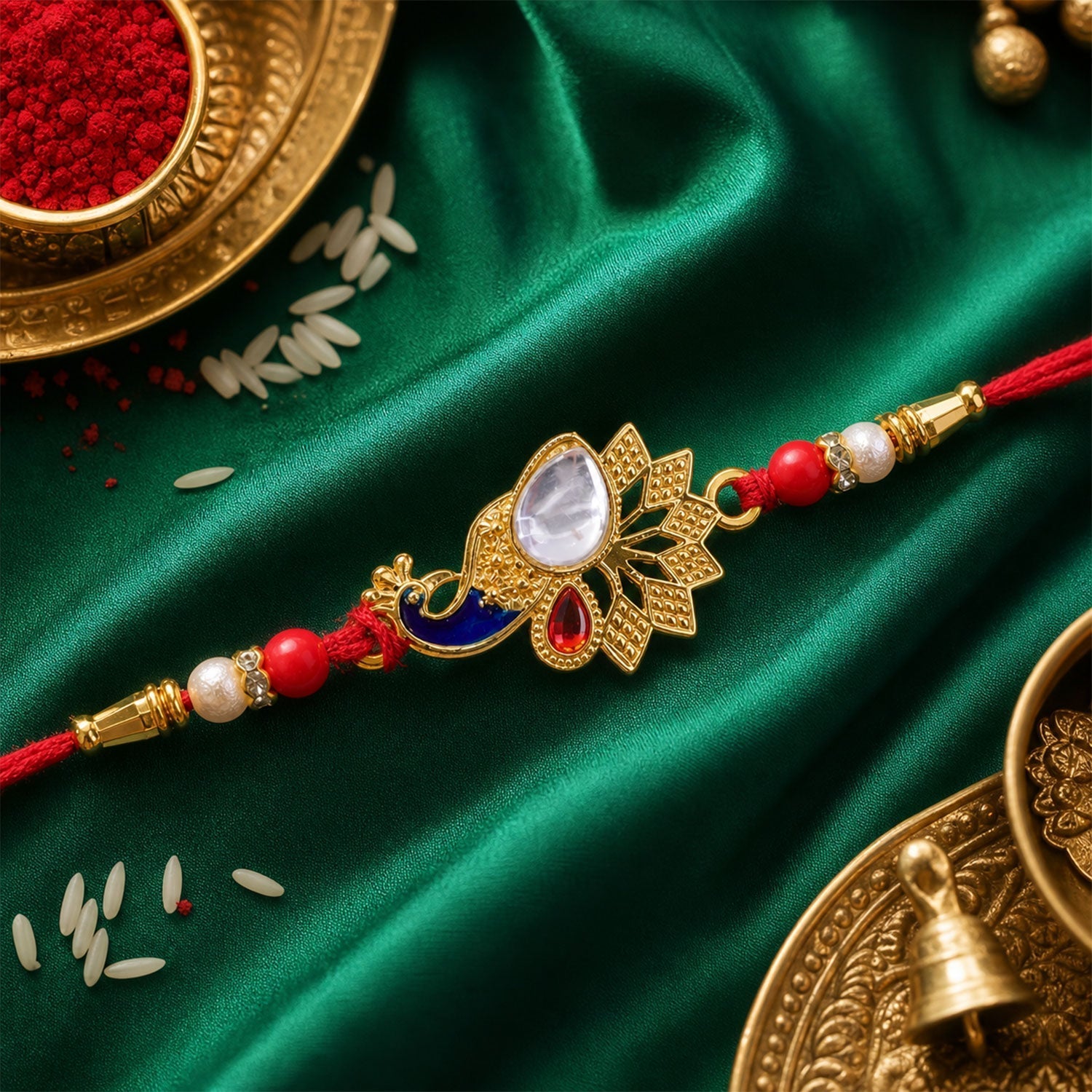 ALVENZA Peacock Feather Stone Studded Premium Designer Rakhi for Brother