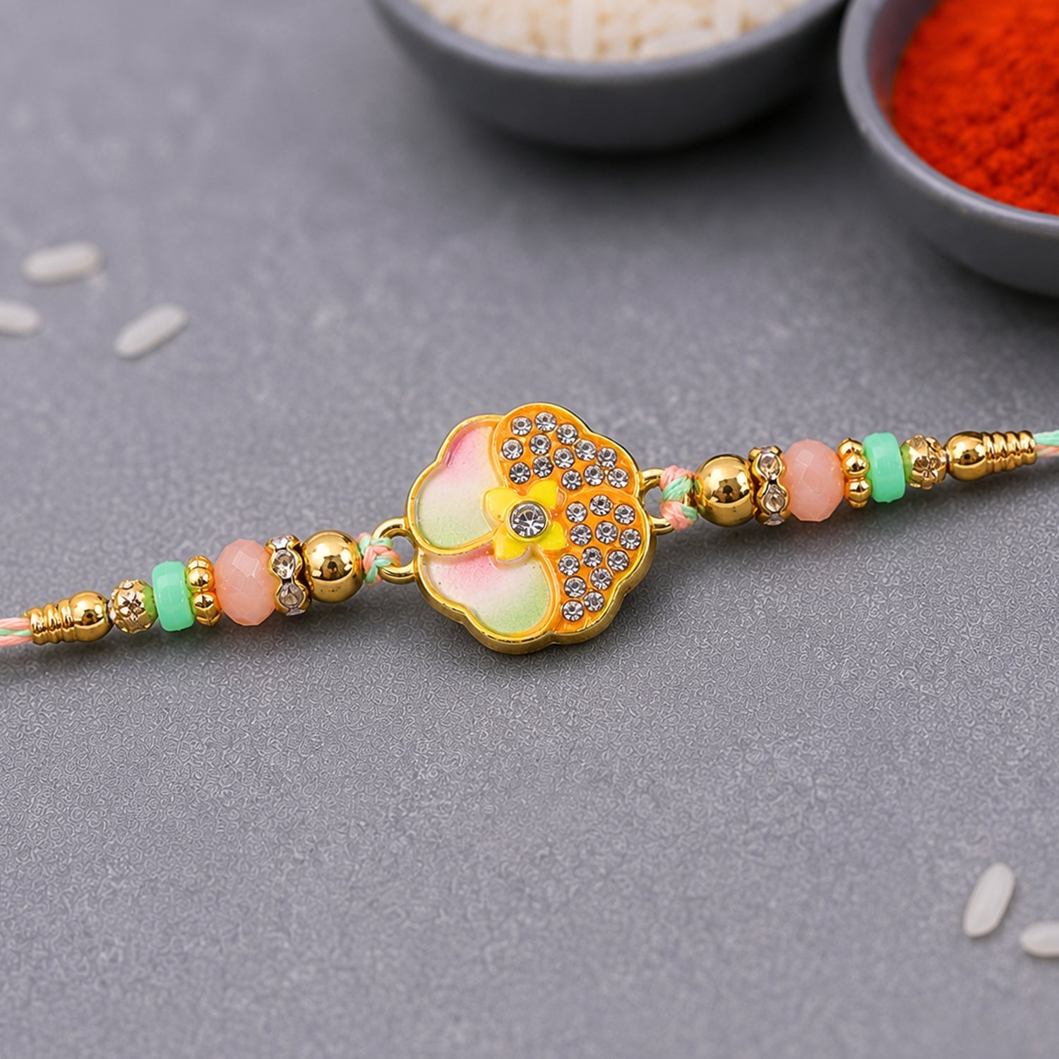 ALVENZA Golden Floral Meenakari Rakhi with Crystal & Beads - Rakhi for Brother