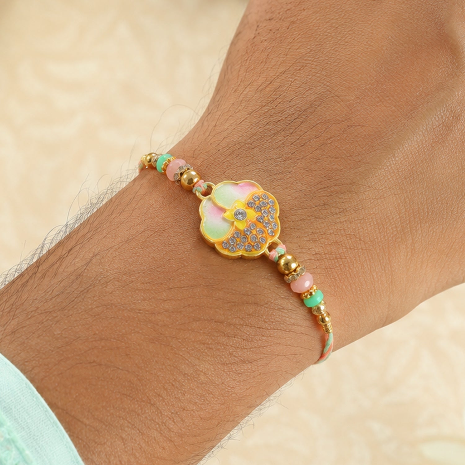 ALVENZA Golden Floral Meenakari Rakhi with Crystal & Beads - Rakhi for Brother