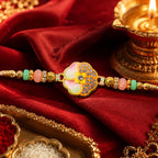 ALVENZA Golden Floral Meenakari Rakhi with Crystal & Beads - Rakhi for Brother