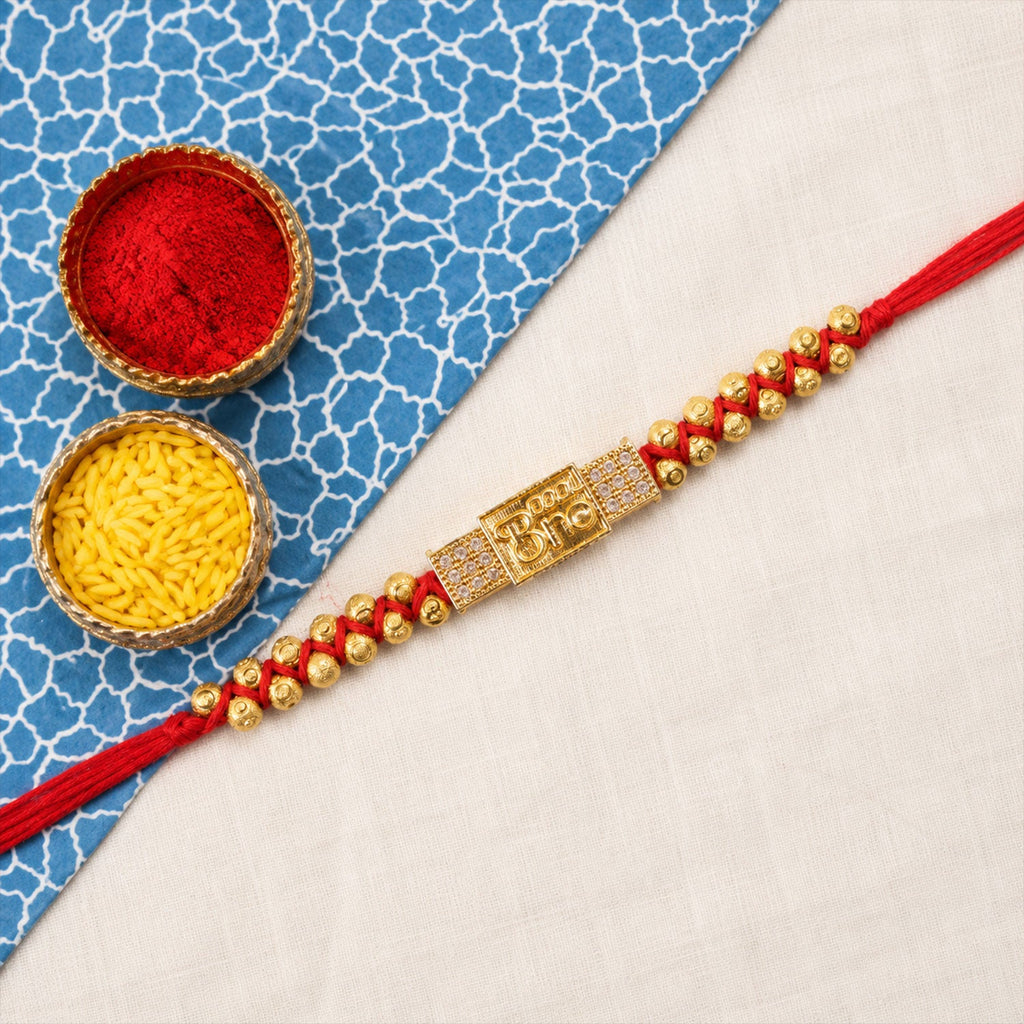 ALVENZA Stylish Brother Nameplate AD Stone Designer Rakhi with Gold Beads Gift