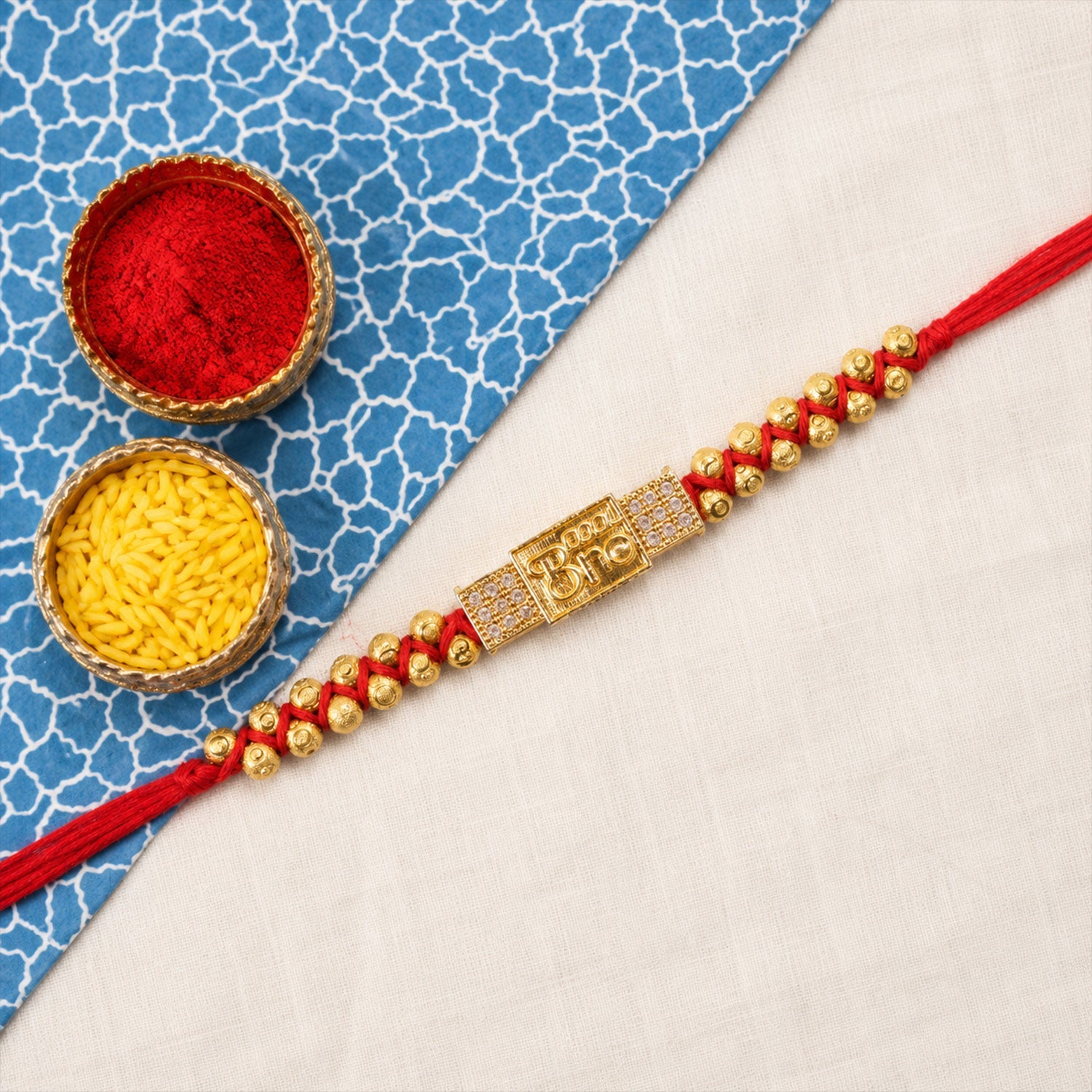 ALVENZA Stylish Brother Nameplate AD Stone Designer Rakhi with Gold Beads Gift