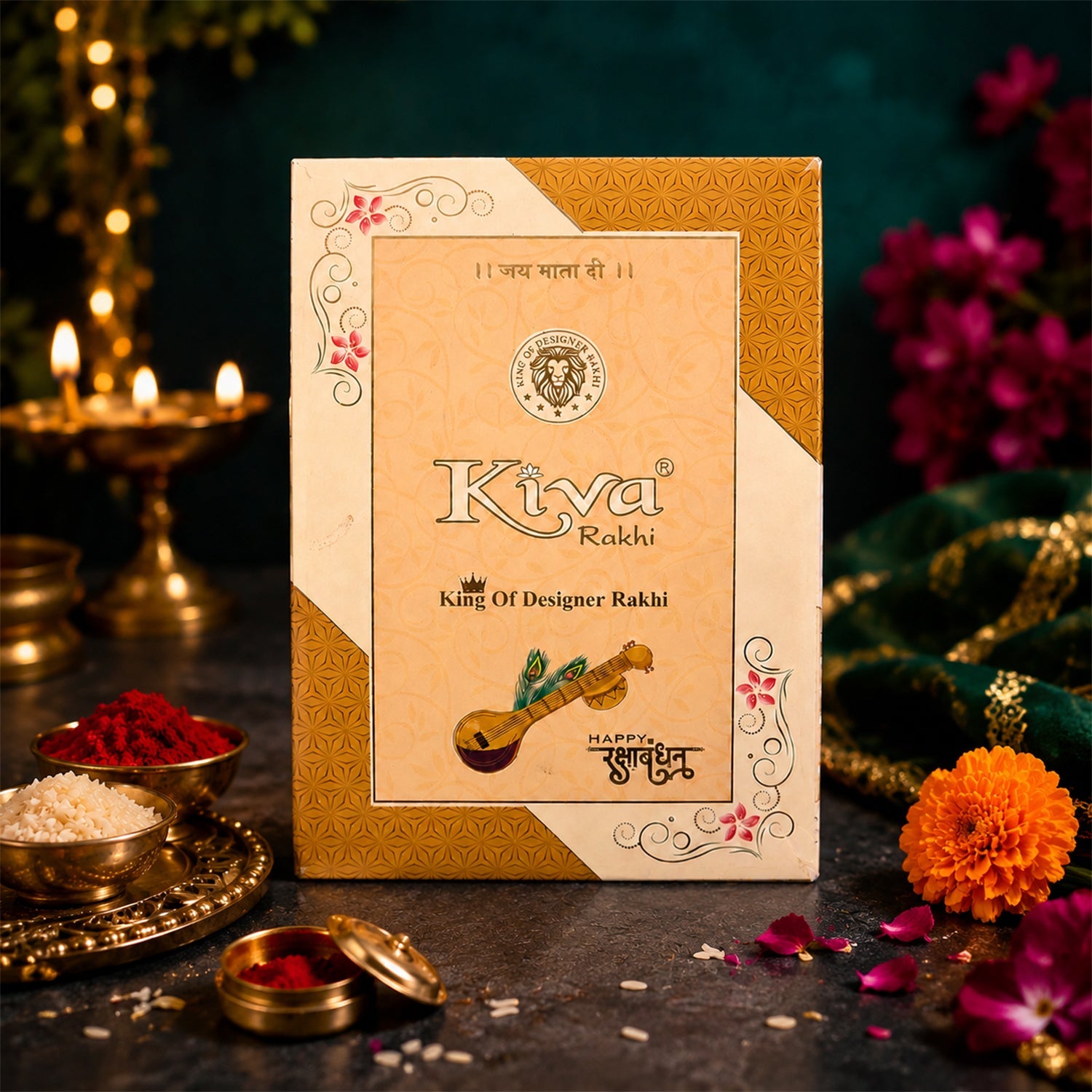 ALVENZA Auspicious Floral Kalash Devotional Rakhi for Brother with Beads Gift