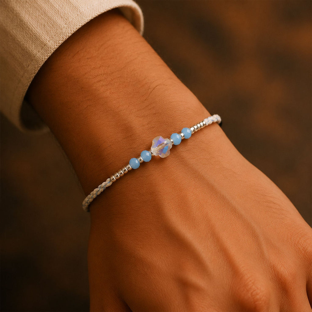 ALVENZA Blue Crystal Bead Rakhi with Round Stone Centre, Silver Highlights and Red Thread