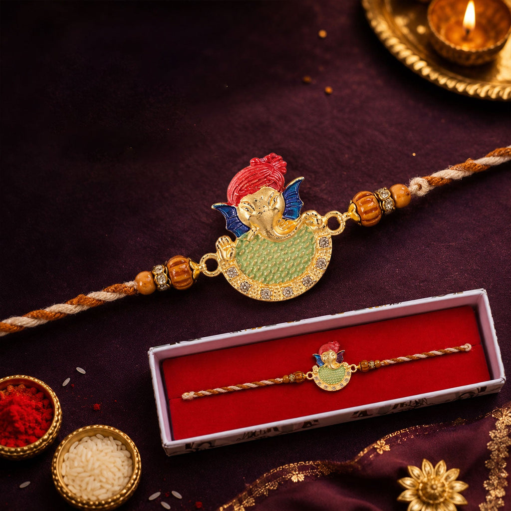 ALVENZA Auspicious Lord Ganesha Designer Meenakari Rakhi for Brother Gift Set