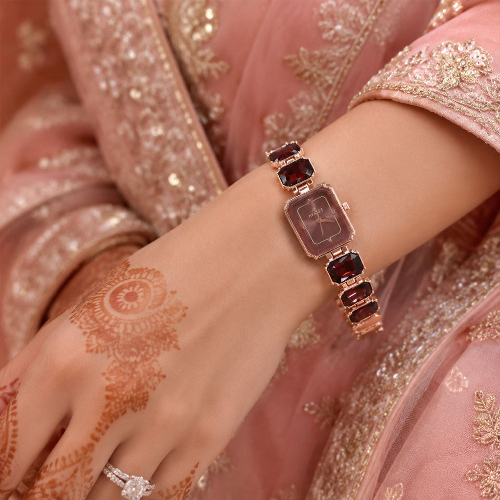 Rose Gold Square Shape Dial Watch with Black Red Stone Strap Design for Women