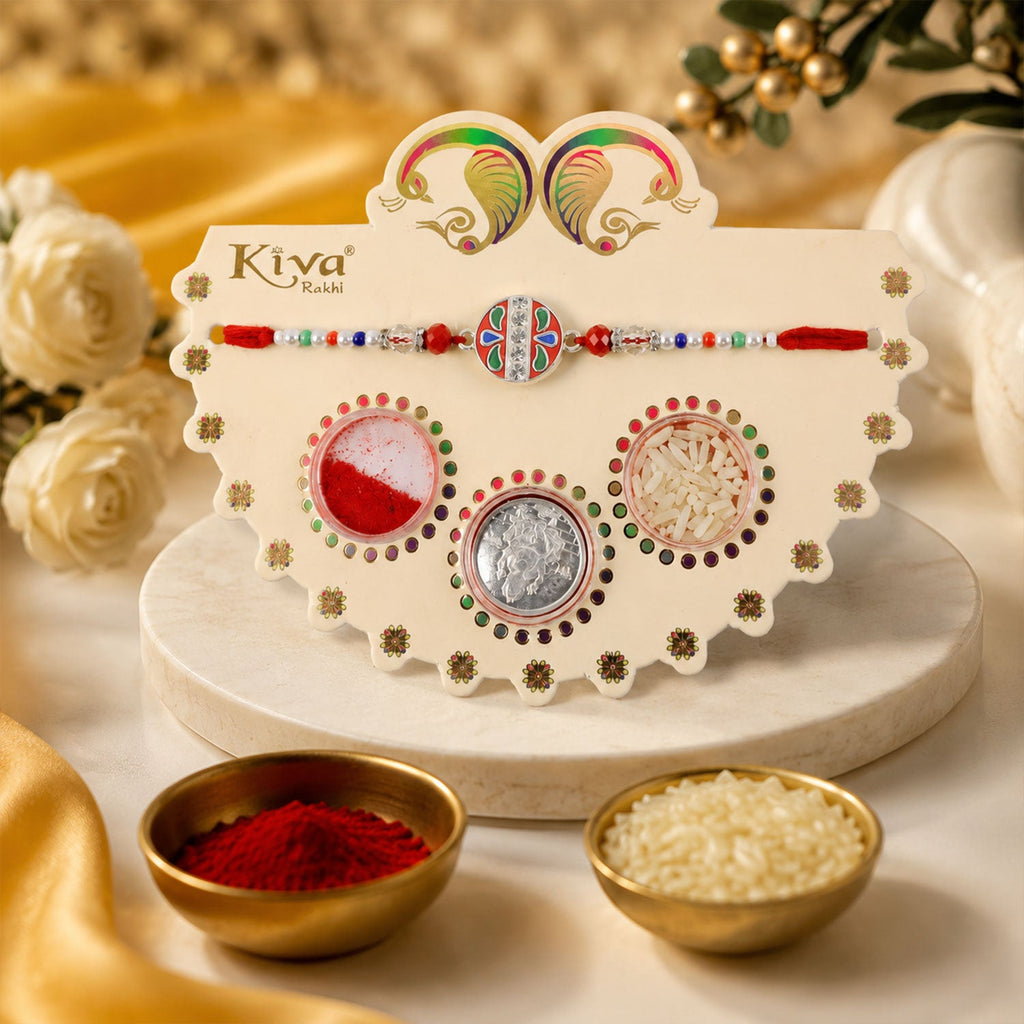 ALVENZA Round Red Green Enamel Rakhi with Multicolor Beads, Roli Chawal Coin and Card Packing