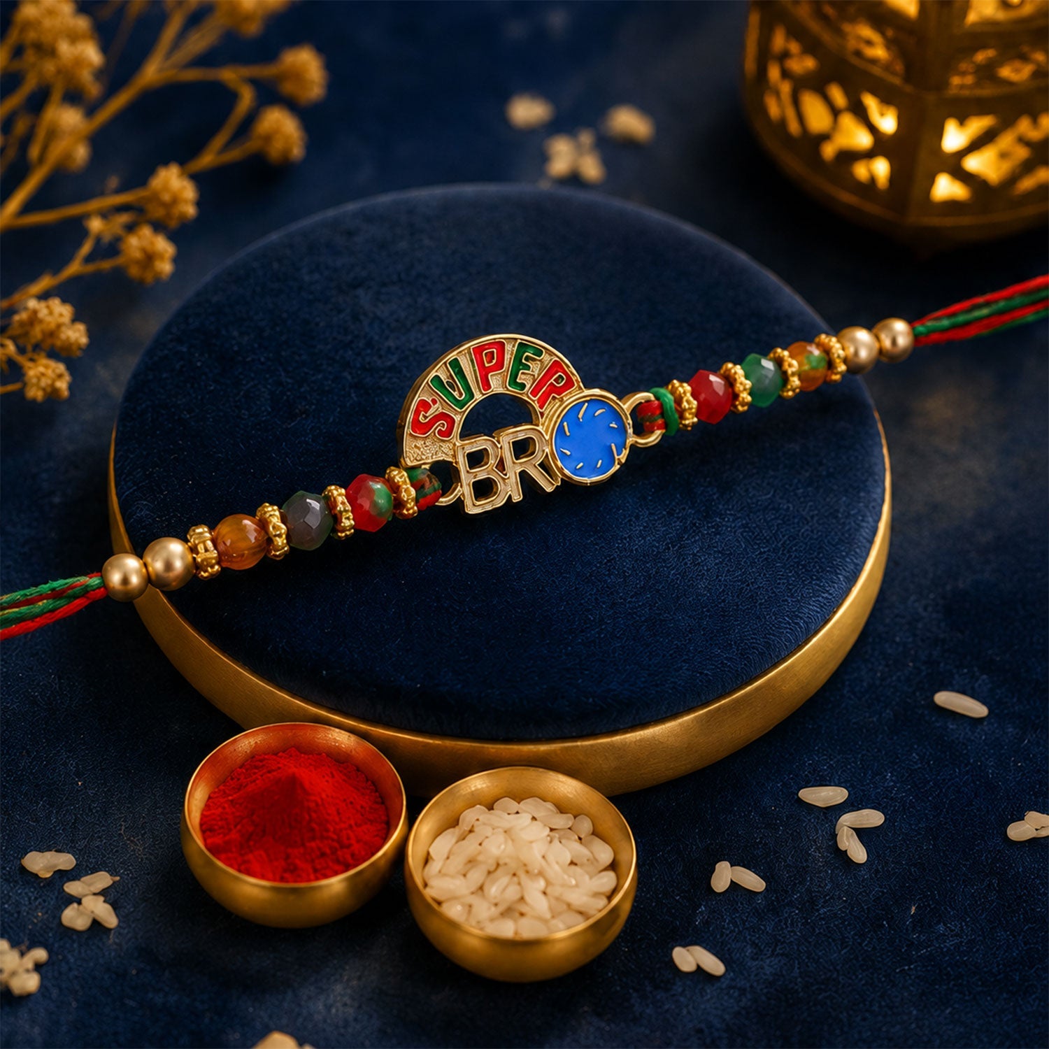 ALVENZA Super Bro Golden Rakhi with Colorful Beads, Blue Charm and Premium Festive Look