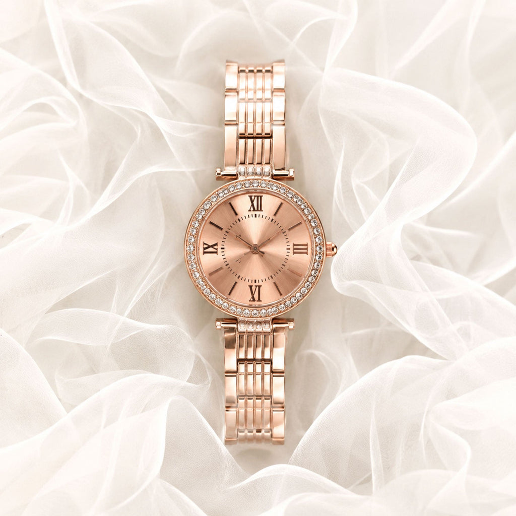 Women's Rose Gold Analog Wrist Watch with Crystal Bezel