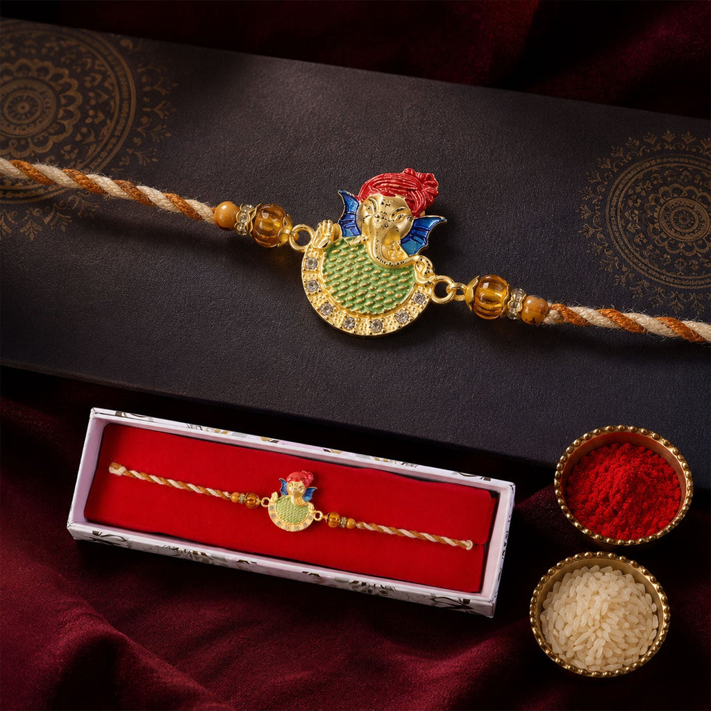 ALVENZA Auspicious Lord Ganesha Designer Meenakari Rakhi for Brother Gift Set