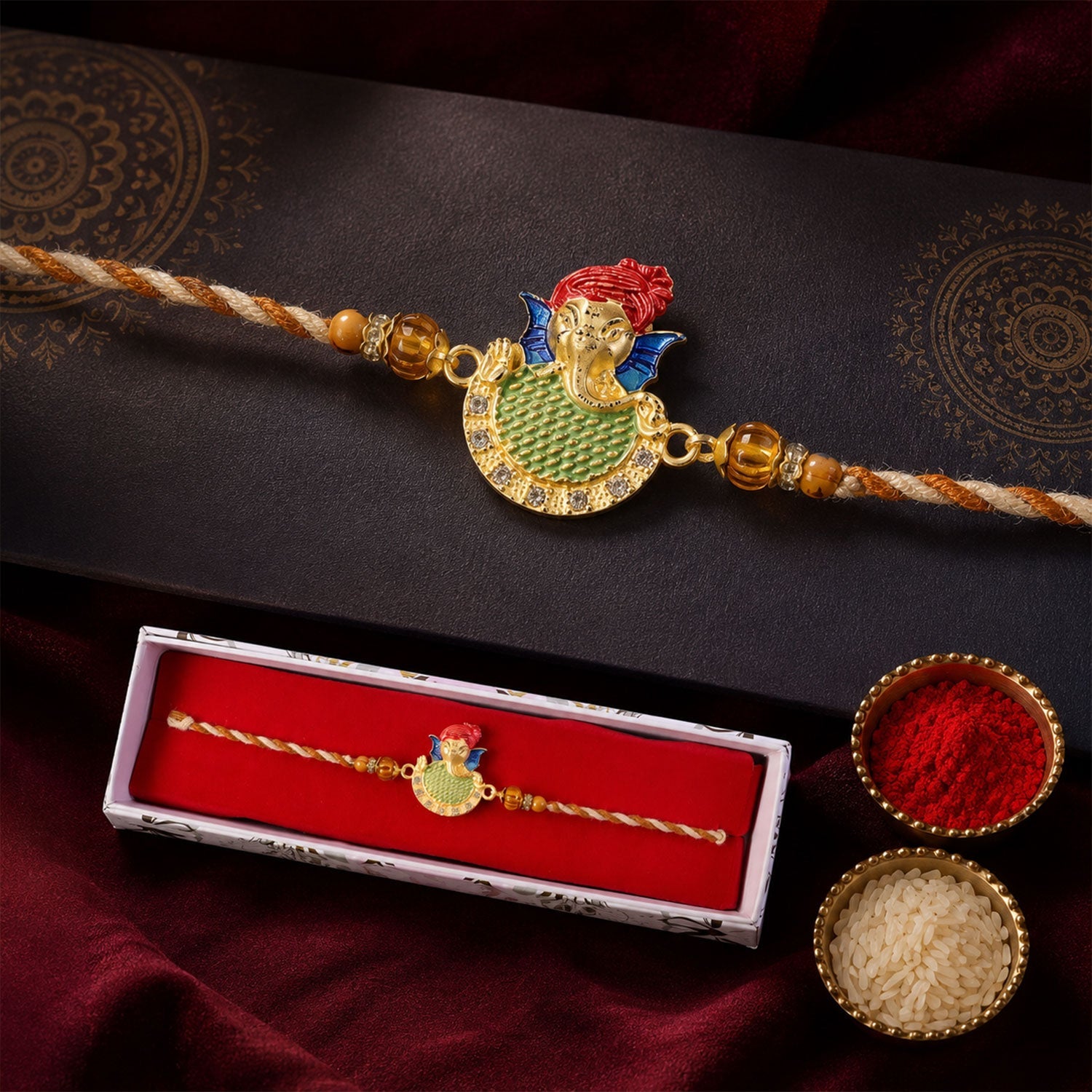 ALVENZA Auspicious Lord Ganesha Designer Meenakari Rakhi for Brother Gift Set