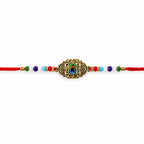 ALVENZA Antique Gold Peacock Feather Rakhi with Mor Pankh Centre and Multicolor Crystal Beads