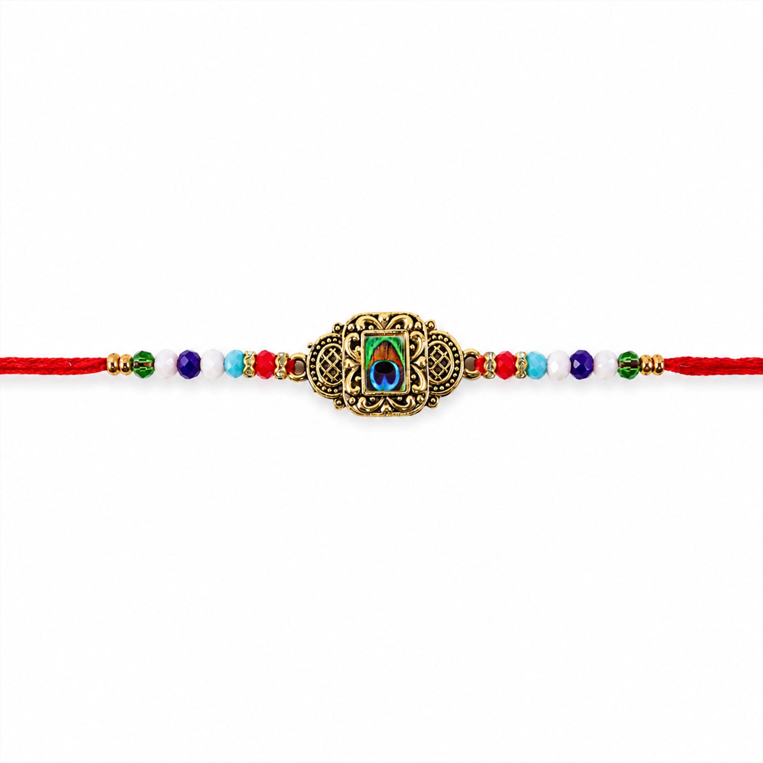 ALVENZA Antique Gold Peacock Feather Rakhi with Mor Pankh Centre and Multicolor Crystal Beads