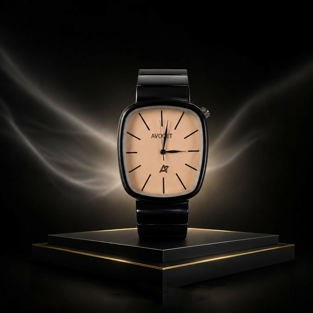 Black Square Analog Watch – Minimalist Champagne Dial for Men