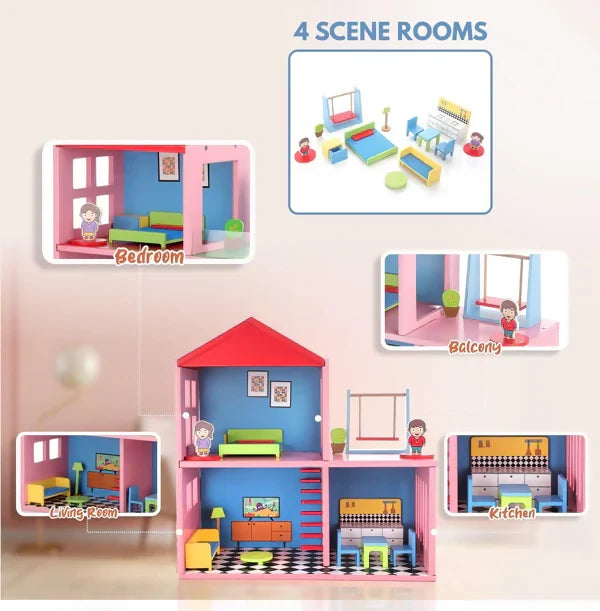 ALVENZA Wooden Doll House Set with 4 Furnished Rooms for Girls
