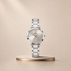 Silver Round Shape Dial Watch with White Metal Strap Design for Women