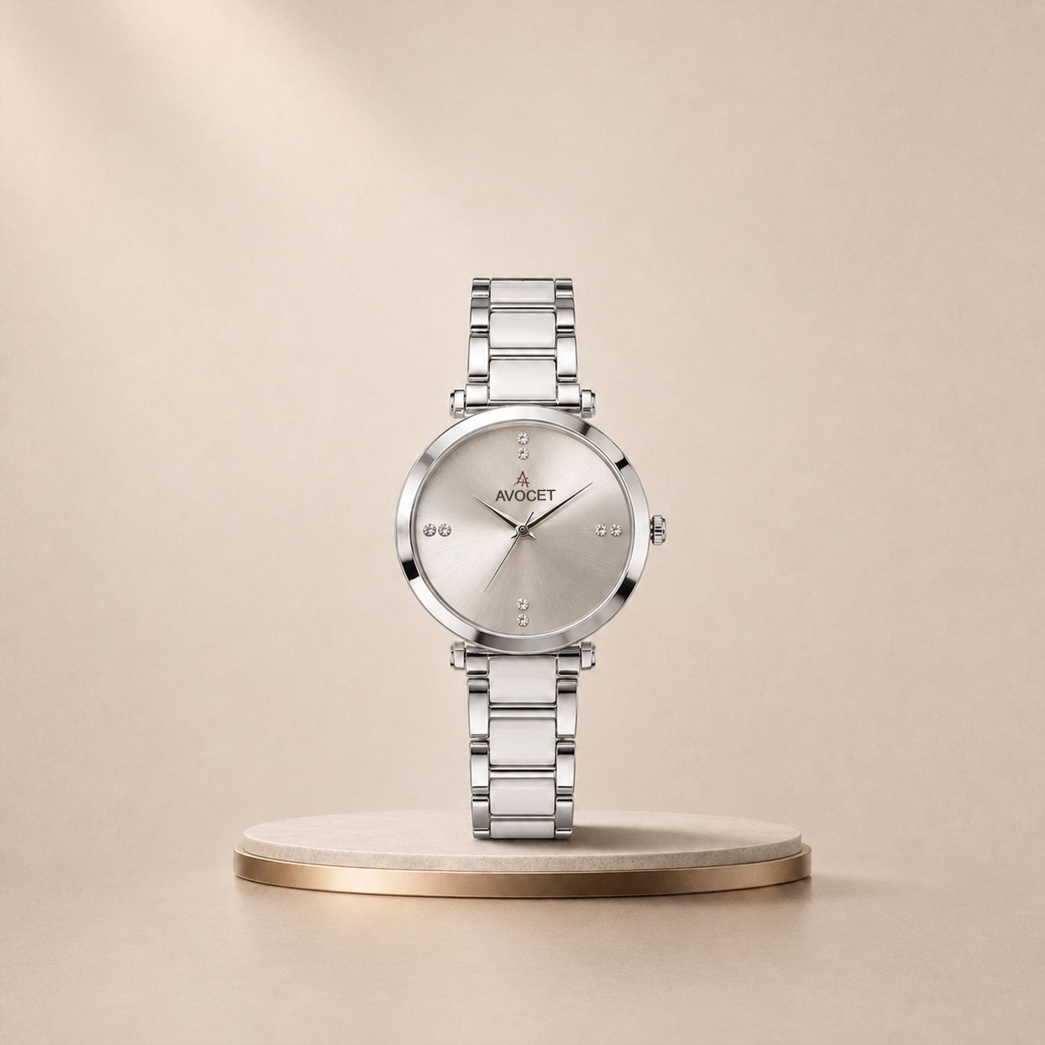 Silver Round Shape Dial Watch with White Metal Strap Design for Women