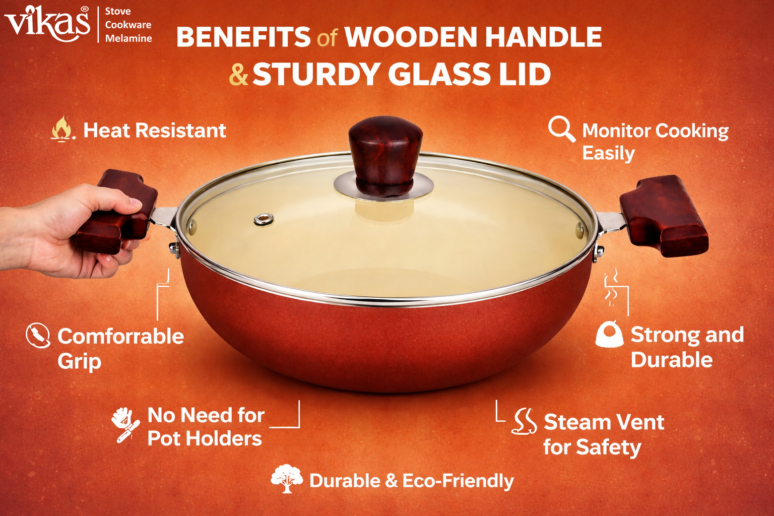 ALVENZA Vikas Ceramic Deep Kadai – Non-Stick & Wooden Handles for Versatile Cooking