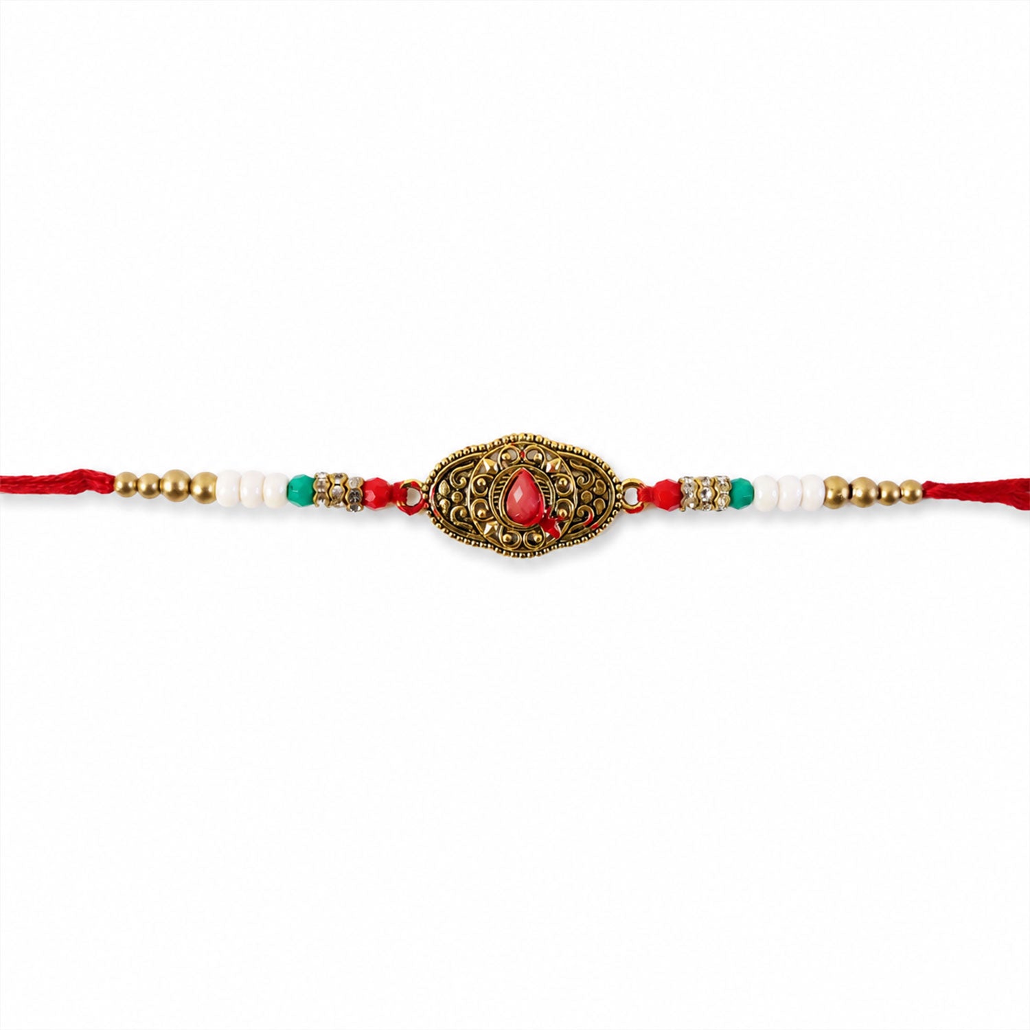 ALVENZA Antique Gold Oval Filigree Rakhi with Red Teardrop Stone, Pearl & Multicolor Beads
