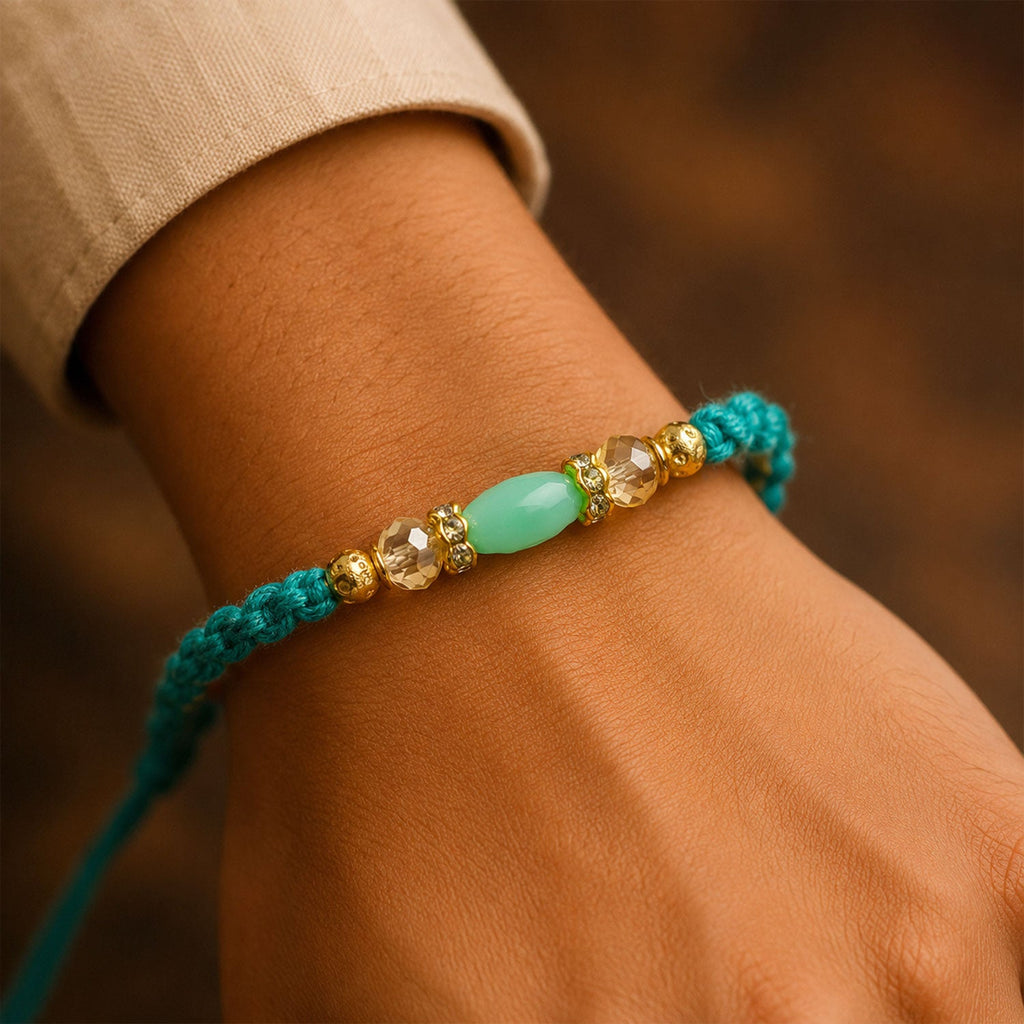 ALVENZA Turquoise Macrame Bracelet Rakhi with Mint Beads, Pearl Accents and Modern Thread