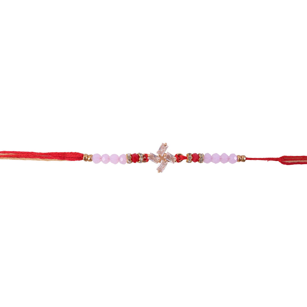 ALVENZA Crystal Pinwheel Rakhi with Baguette AD Stones, Soft Pink & Red Crystal Beads