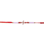 ALVENZA Crystal Pinwheel Rakhi with Baguette AD Stones, Soft Pink & Red Crystal Beads