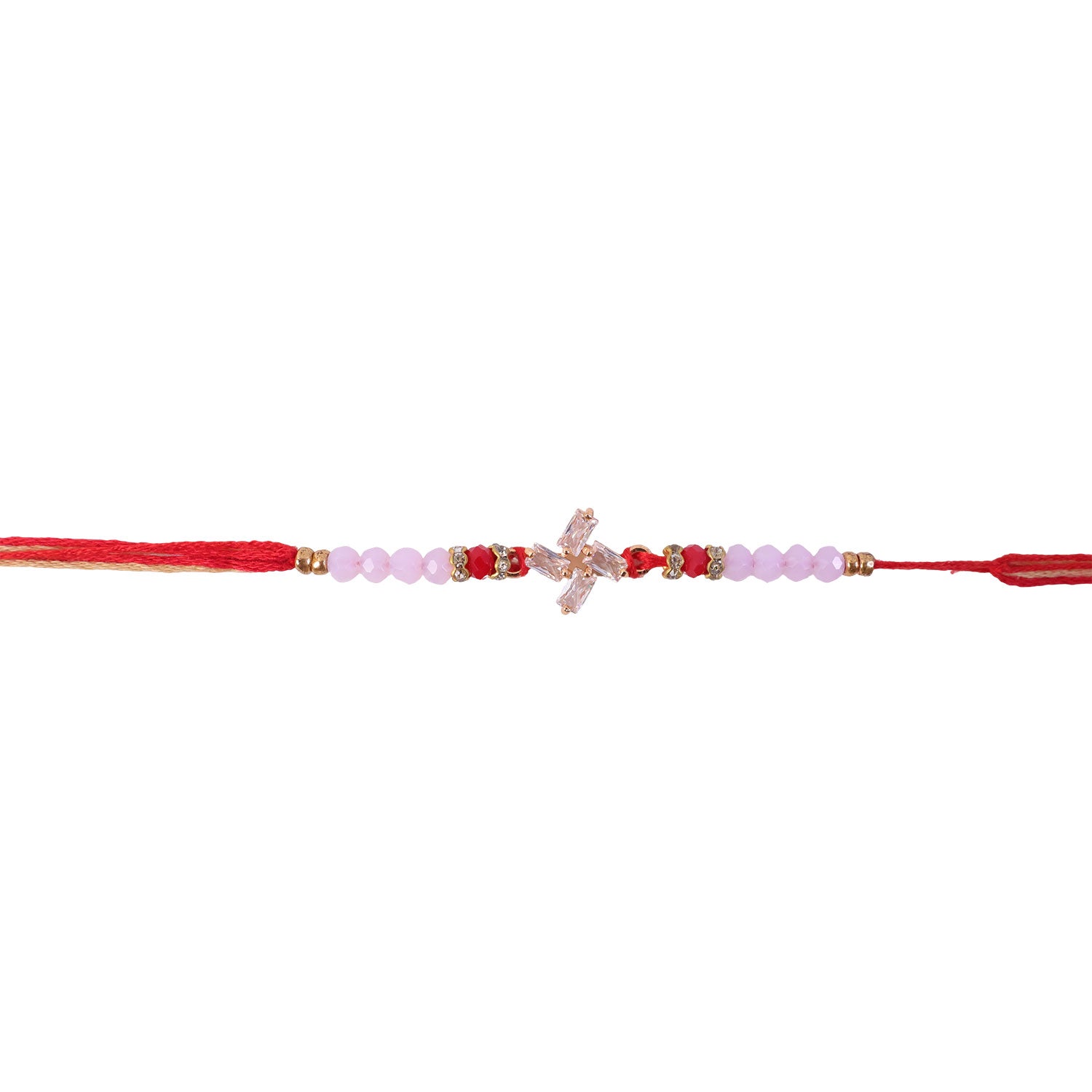 ALVENZA Crystal Pinwheel Rakhi with Baguette AD Stones, Soft Pink & Red Crystal Beads