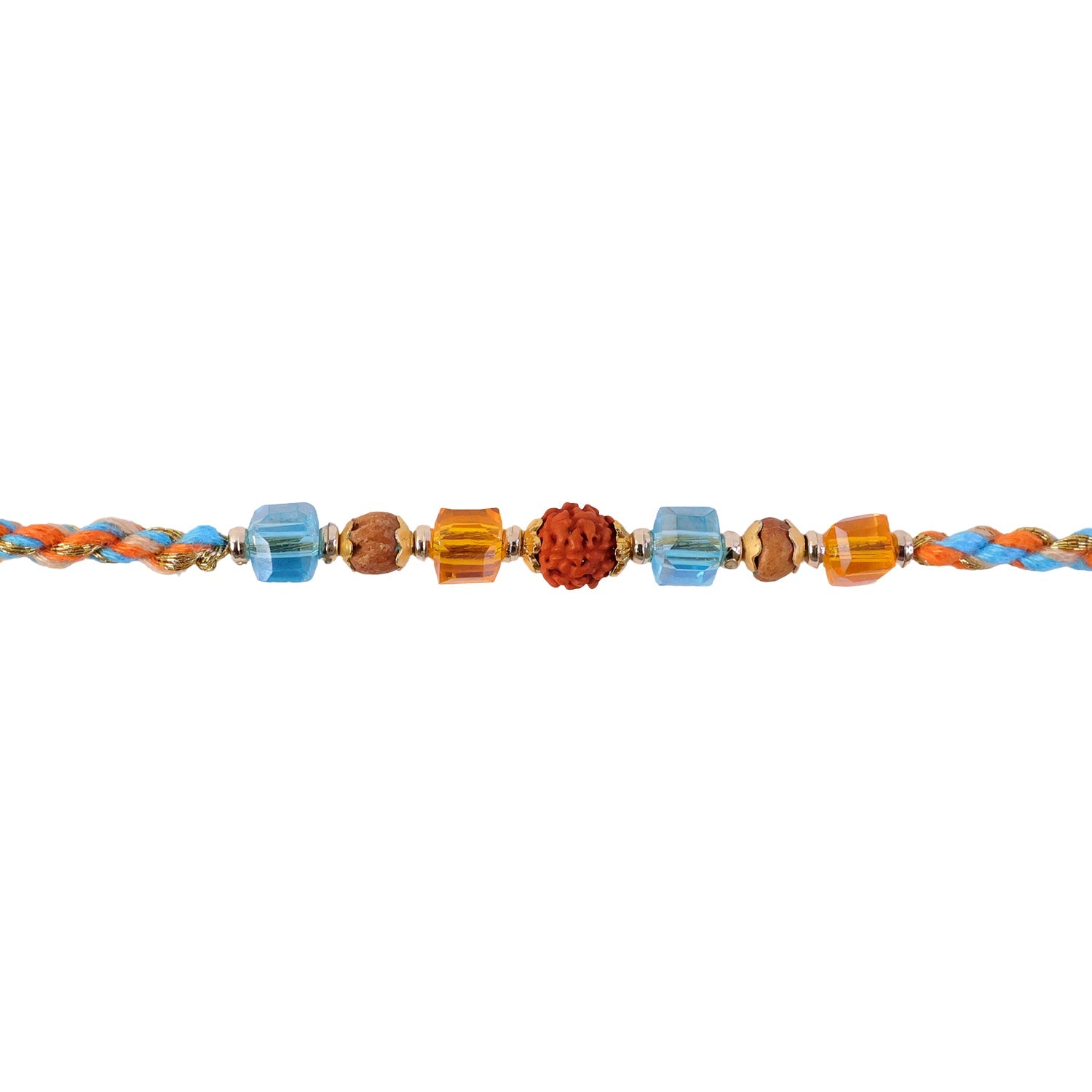 ALVENZA Blue Beaded Bracelet Rakhi with Golden Spacers and Colorful Festive Charm
