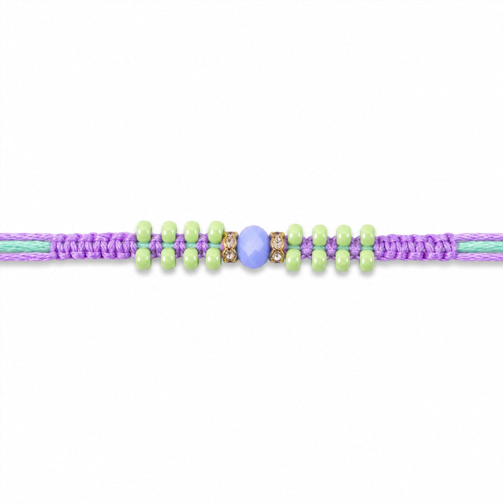 ALVENZA Purple Macrame Bracelet Rakhi with Green Beads, Blue Accent and Playful Thread