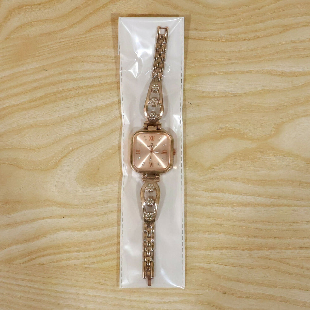 Women's Rose Gold Watch – Square Dial Floral Bracelet