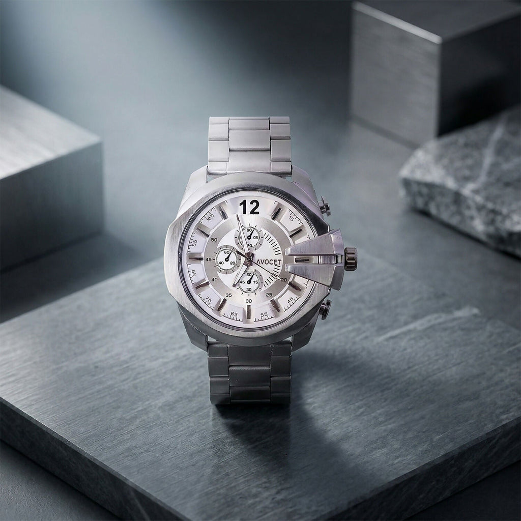 Men's Silver Analog Watch – Elegant Chronograph Design for Daily Wear