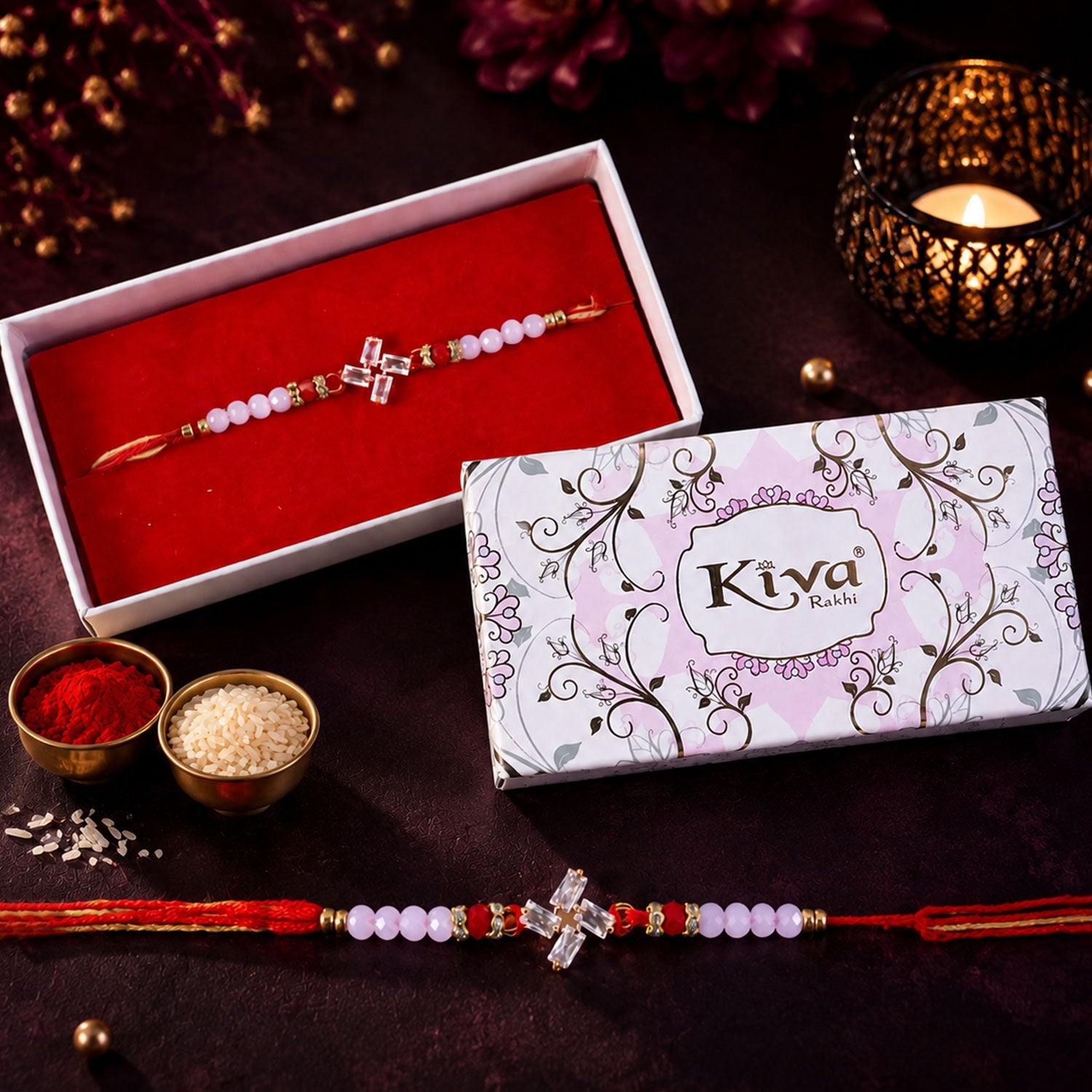 ALVENZA Crystal Pinwheel Rakhi with Baguette AD Stones, Soft Pink & Red Crystal Beads