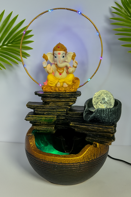ALVENZA Ganesh Ji Water Fountain Showpiece – LED Lights & Crystal Ball