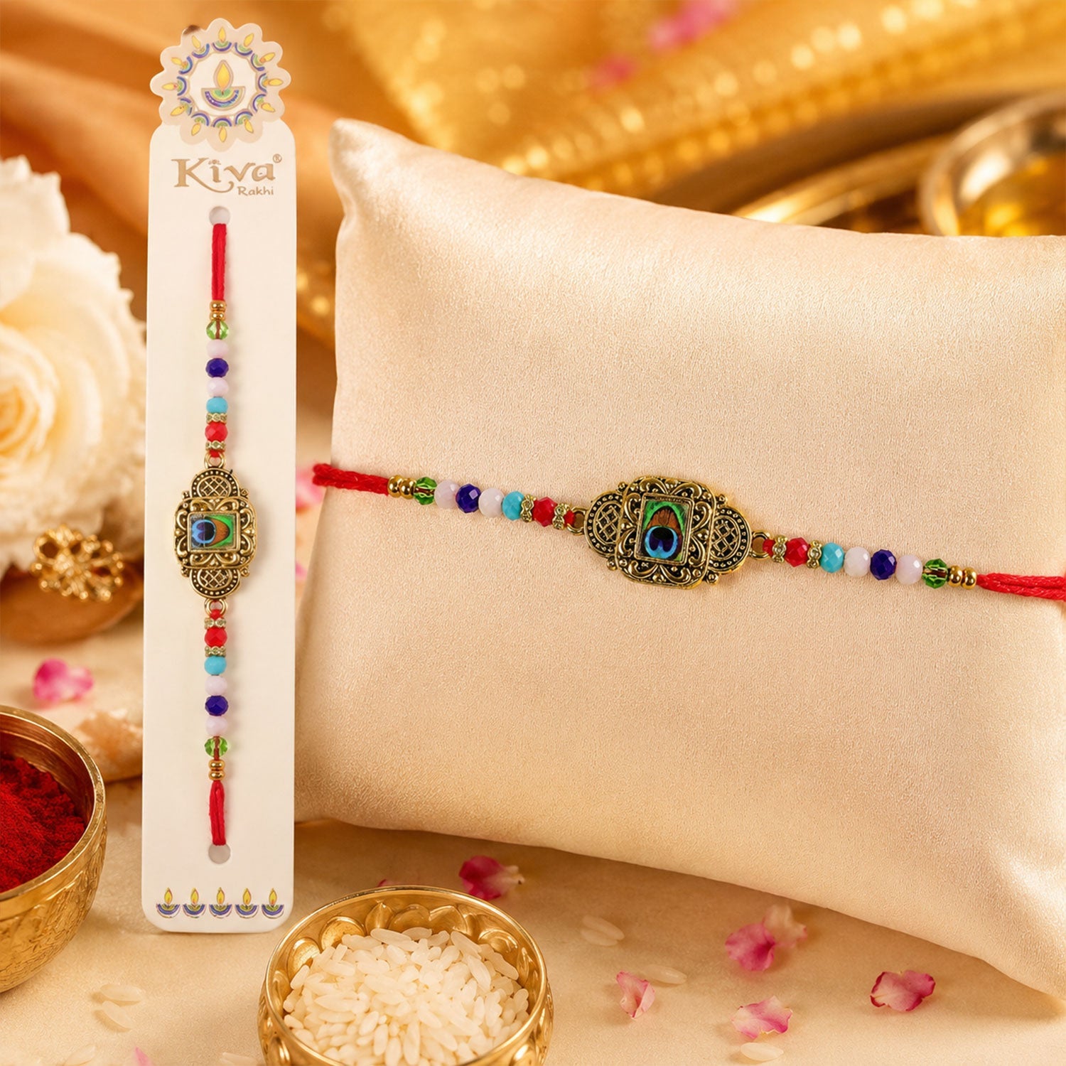 ALVENZA Antique Gold Peacock Feather Rakhi with Mor Pankh Centre and Multicolor Crystal Beads
