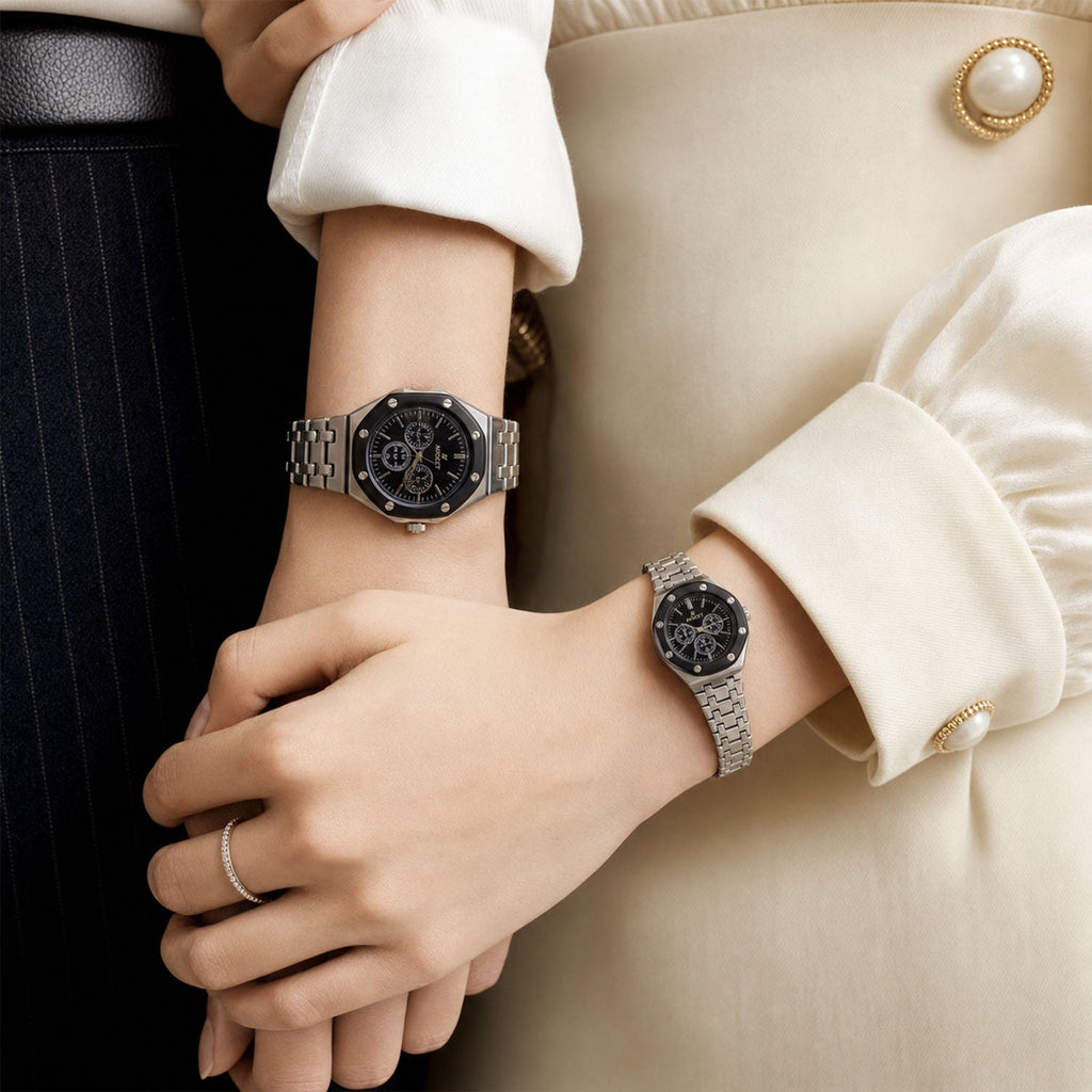 Silver Couple Watch Set with Black Dial Chronograph Style Metal Strap Design