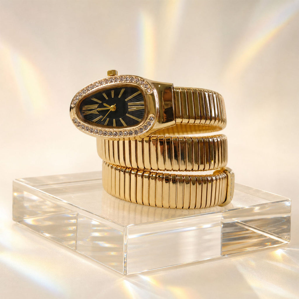Gold Oval Snake Style Bracelet Watch with Black Dial and Crystal Border Design