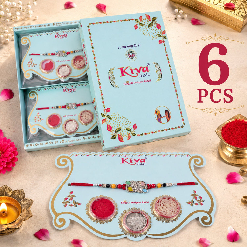 ALVENZA Silver Butterfly Leaf Rakhi with Pastel Stones, Roli Chawal Coin and Card Packing