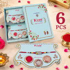 ALVENZA Silver Butterfly Leaf Rakhi with Pastel Stones, Roli Chawal Coin and Card Packing