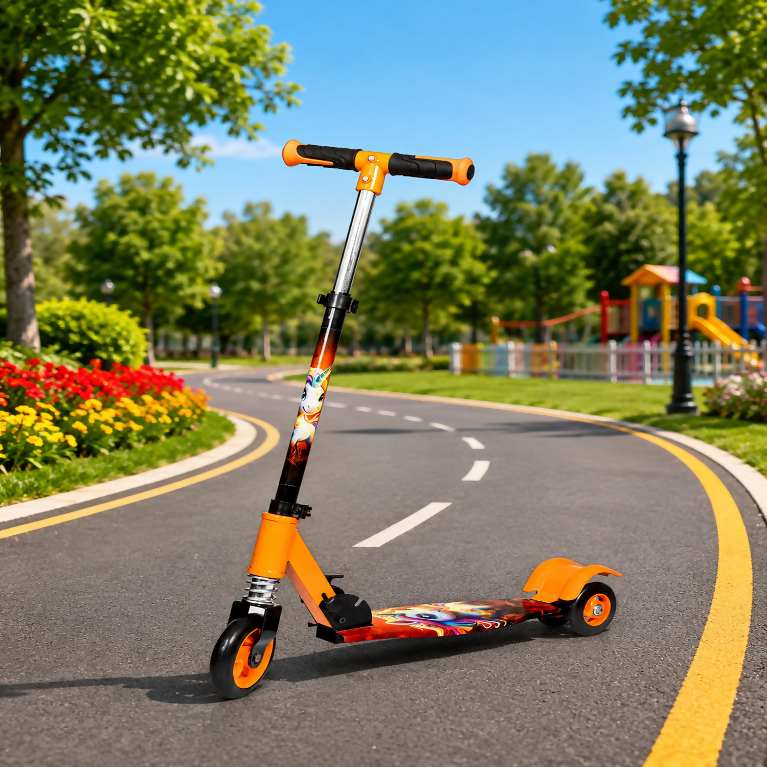 ALVENZA KIXY Kids 3 Wheel Foldable Scooter with Adjustable Height Handlebar, LED Wheels & Spring Suspension
