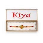 ALVENZA Golden Swastik AD Stone Rakhi with Turquoise-Red Meenakari and Pearl Beads